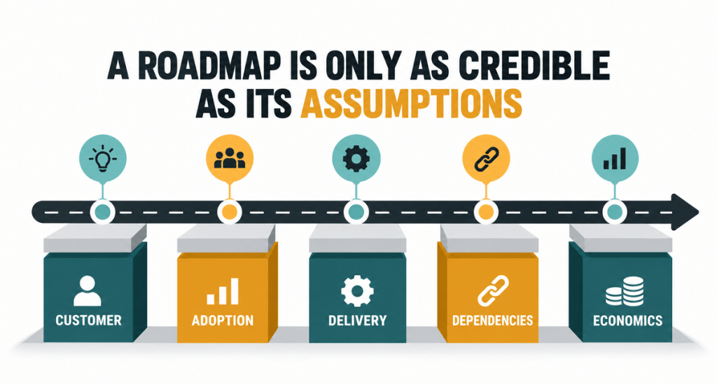 Infographic highlighting the components of a credible roadmap: Customer, Adoption, Delivery, Dependencies, and Economics, with the main message that a roadmap's credibility depends on its assumptions.