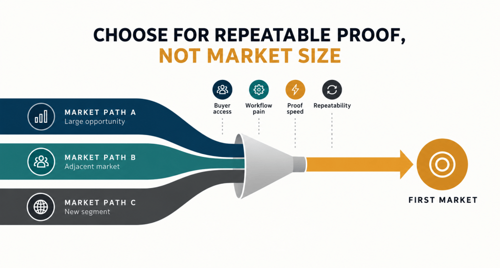 Infographic illustrating the concept of choosing market paths based on repeatable proof rather than market size. It displays three market paths: A (large opportunity), B (adjacent market), and C (new segment), leading to the first market with associated factors like buyer access, workflow pain, proof speed, and repeatability.