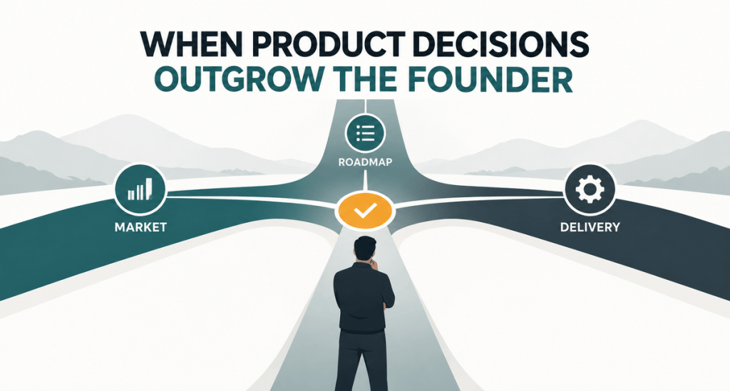 A figure stands at a crossroads labeled 'Market', 'Roadmap', and 'Delivery', with the phrase 'When product decisions outgrow the founder' above.