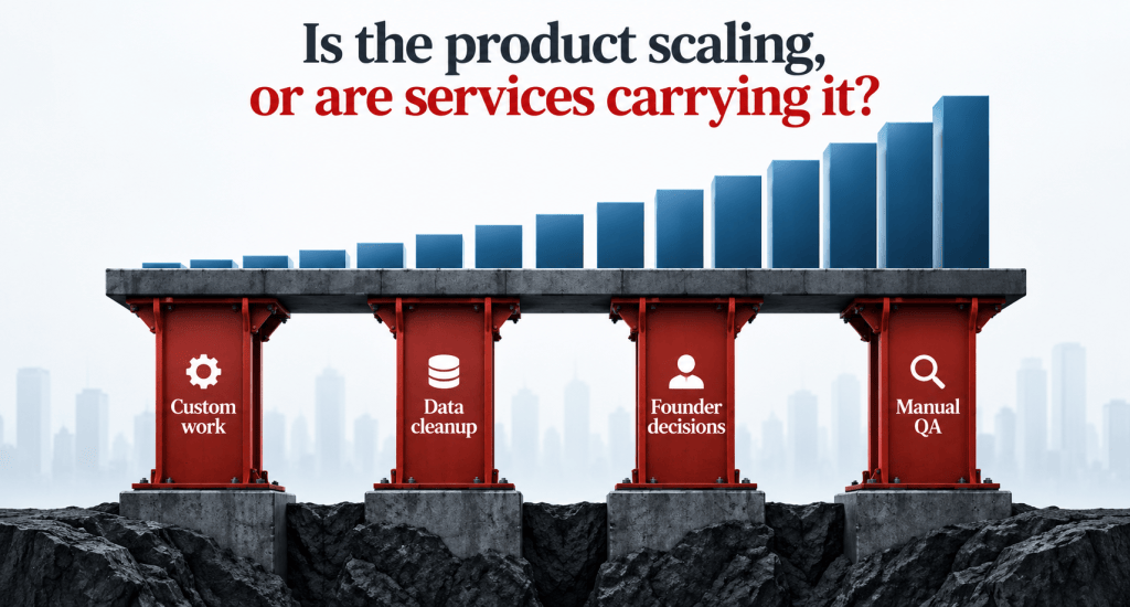 A graphic depicting a large bar chart labeled 'Is the product scaling, or are services carrying it?' supported by red pillars labeled 'Custom work', 'Data cleanup', 'Founder decisions', and 'Manual QA'. The background shows a city skyline.